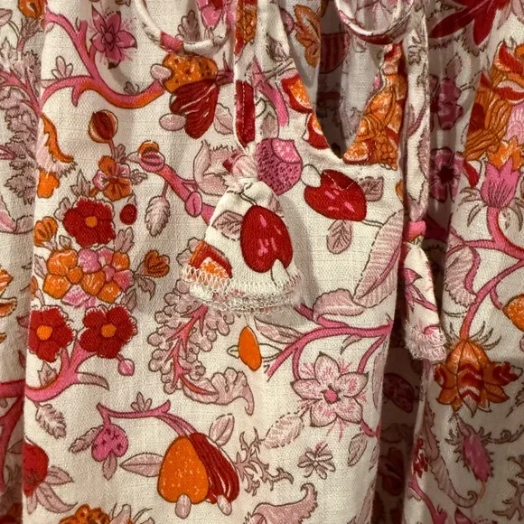 Knox Rose Vibrant Pink Coral Floral Peasant Top Boho Shirt Short Sleeve Shirt - Picture 4 of 7